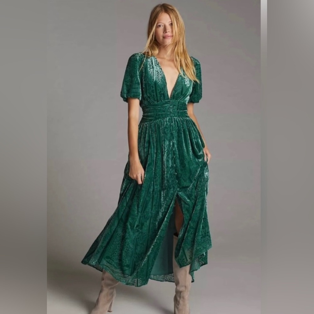 Anthropologie Green Burnt Velvet Dress